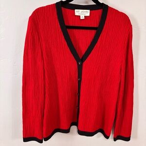 St. John Collection Women’s Scarlet Red w Black Trim  Button Cardigan -Sz 12 EUC